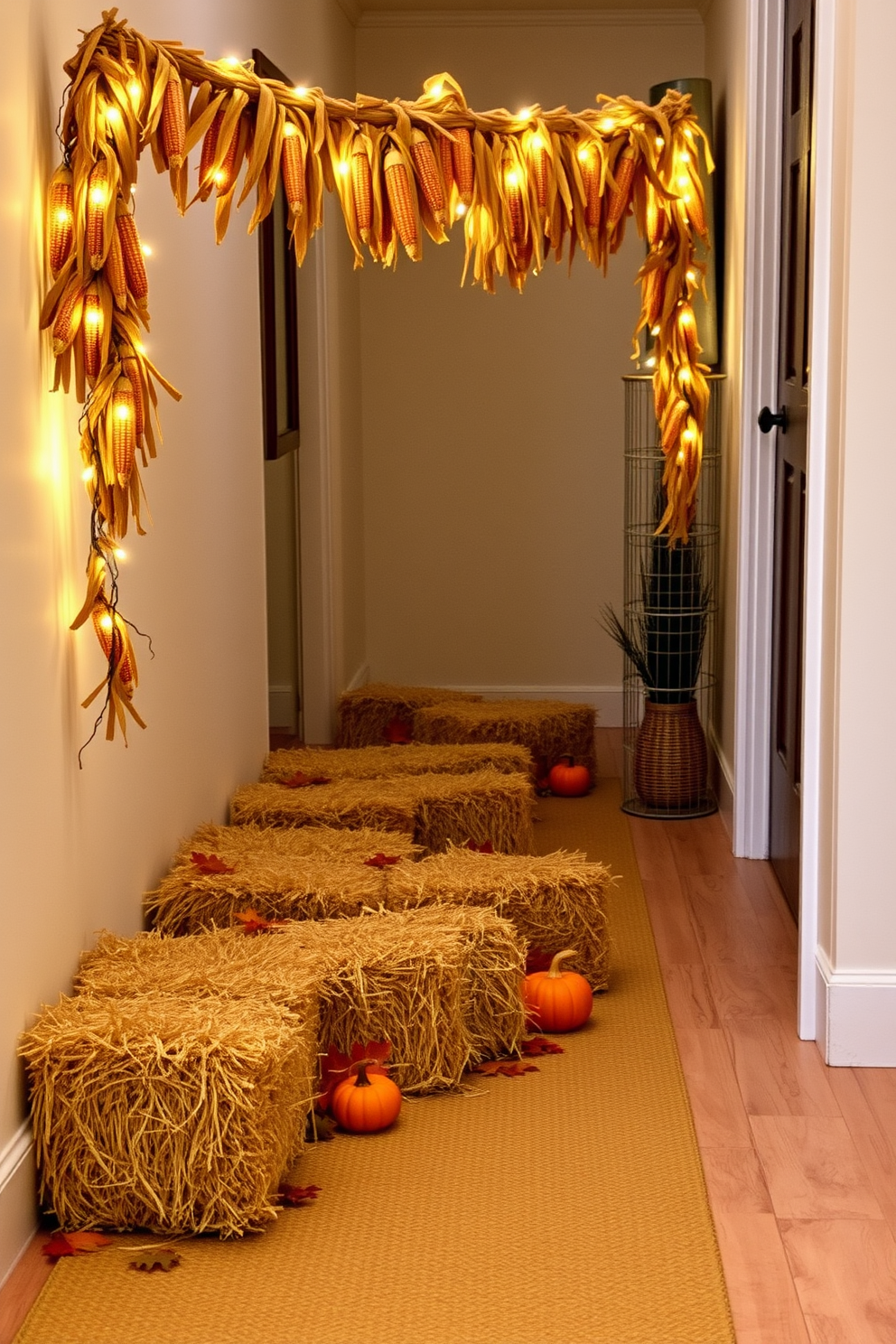 Miniature hay bales are arranged along the floor of a cozy hallway, creating a warm and inviting atmosphere. They are complemented by autumn-themed decorations, including small pumpkins and colorful leaves scattered around them. Above the hay bales, a garland of dried corn and twinkling fairy lights drapes gracefully along the wall. The soft glow of the lights enhances the rustic charm, making the hallway feel festive and welcoming for Thanksgiving.