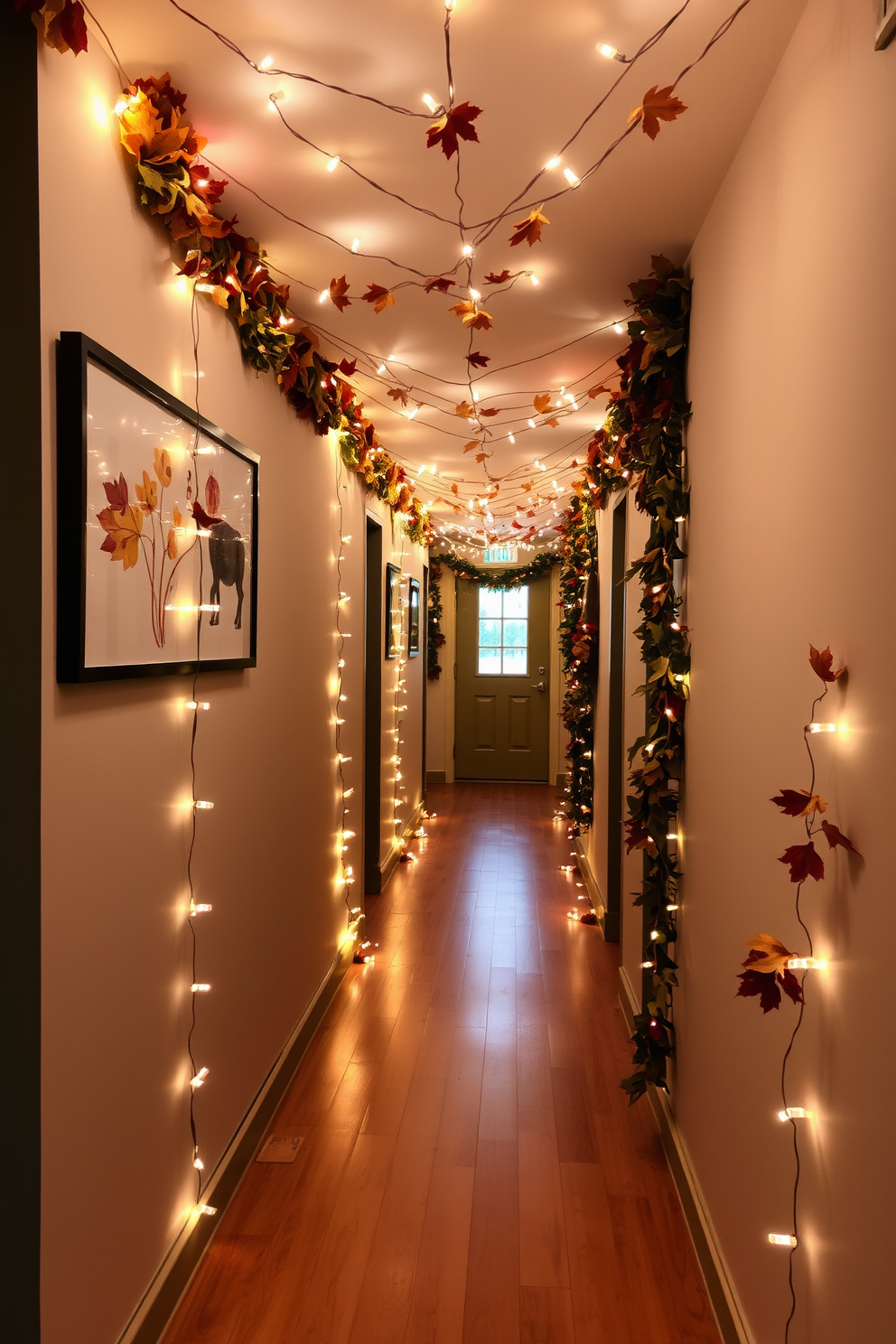 A cozy hallway adorned with string lights that cast a warm and inviting glow. The walls are decorated with autumn-themed artwork and garlands of dried leaves, enhancing the festive atmosphere.