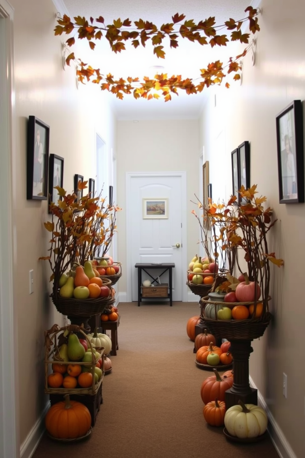 Decorative baskets filled with seasonal fruits are arranged along the hallway, creating a warm and inviting atmosphere. The baskets feature an assortment of apples, pears, and pumpkins, enhancing the festive spirit of Thanksgiving. Soft, ambient lighting highlights the natural textures of the baskets, while a garland of autumn leaves drapes elegantly above. The hallway walls are adorned with family photos, adding a personal touch to the seasonal decor.