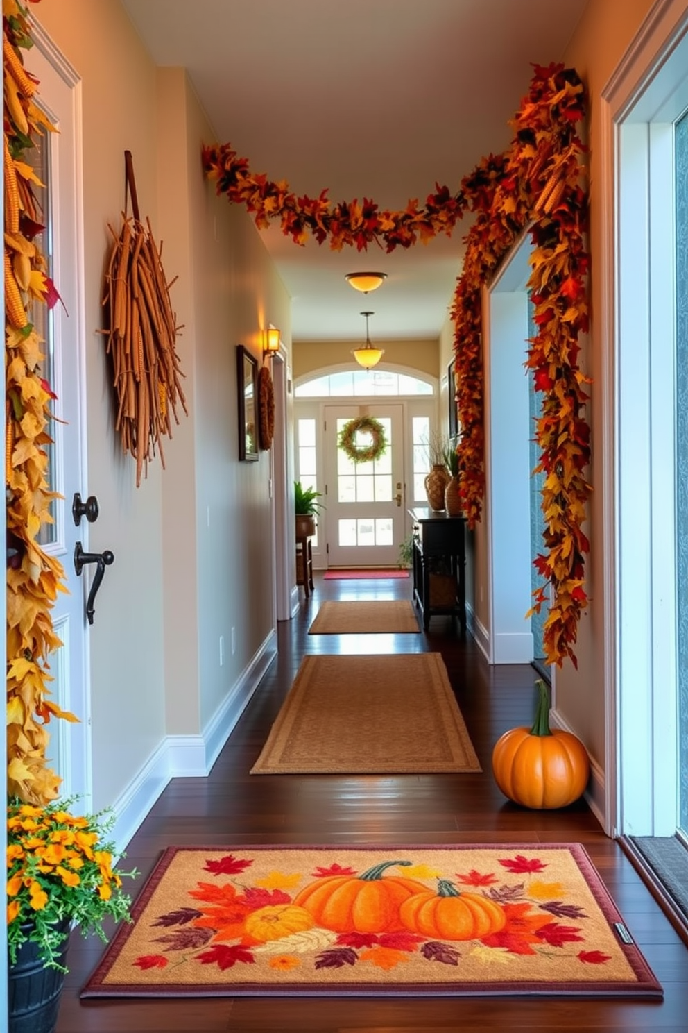 A welcoming entrance features a Thanksgiving themed doormat adorned with autumn leaves and pumpkins. The doormat sets the tone for a festive atmosphere as guests step inside. The hallway is decorated with garlands of dried corn and colorful fall foliage draped along the walls. Warm, ambient lighting highlights the seasonal decor, creating an inviting path through the home.