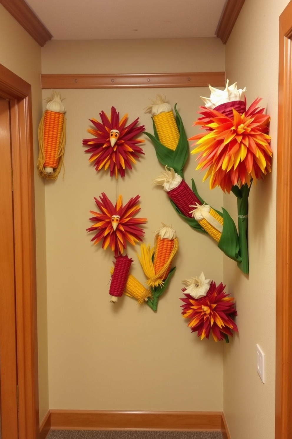 Colorful corn husk decorations are arranged artistically on the wall, creating a festive atmosphere for the Thanksgiving season. The hallway features warm tones with wooden accents, inviting guests to enjoy the holiday spirit as they pass through.