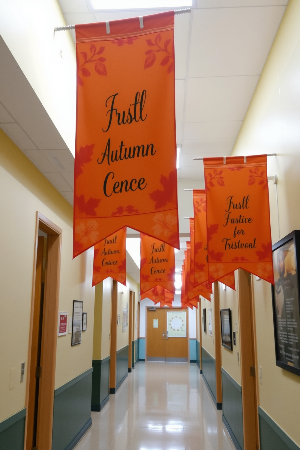 Hanging fabric banners adorned with warm autumn colors and festive messages create an inviting atmosphere in the hallway. The banners gently sway with the breeze, adding a touch of seasonal charm and celebration to the space.