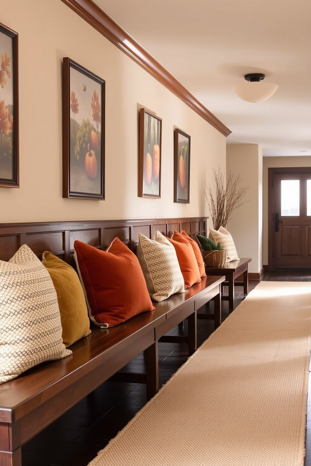 A cozy hallway adorned with warm colored throw pillows placed on wooden benches. The walls are decorated with autumn-themed artwork, and a soft rug runs along the floor, inviting guests to linger.