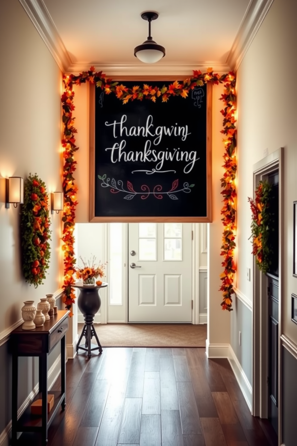 A warm and inviting hallway adorned with a large chalkboard displaying a festive Thanksgiving greeting. The walls are decorated with autumn-themed garlands and soft lighting creates a cozy atmosphere.