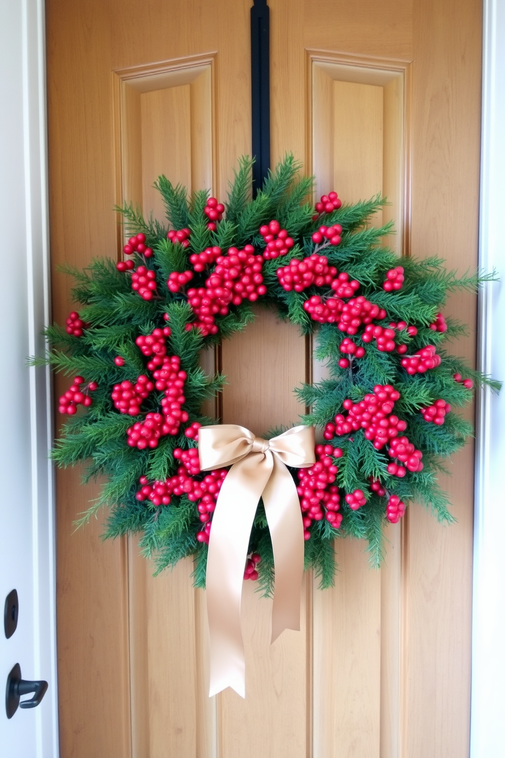 A beautiful hallway decorated for Thanksgiving features a lush pine wreath adorned with vibrant red berries and elegant satin ribbons. The wreath is hung on a rustic wooden door, creating a warm and inviting atmosphere for guests.