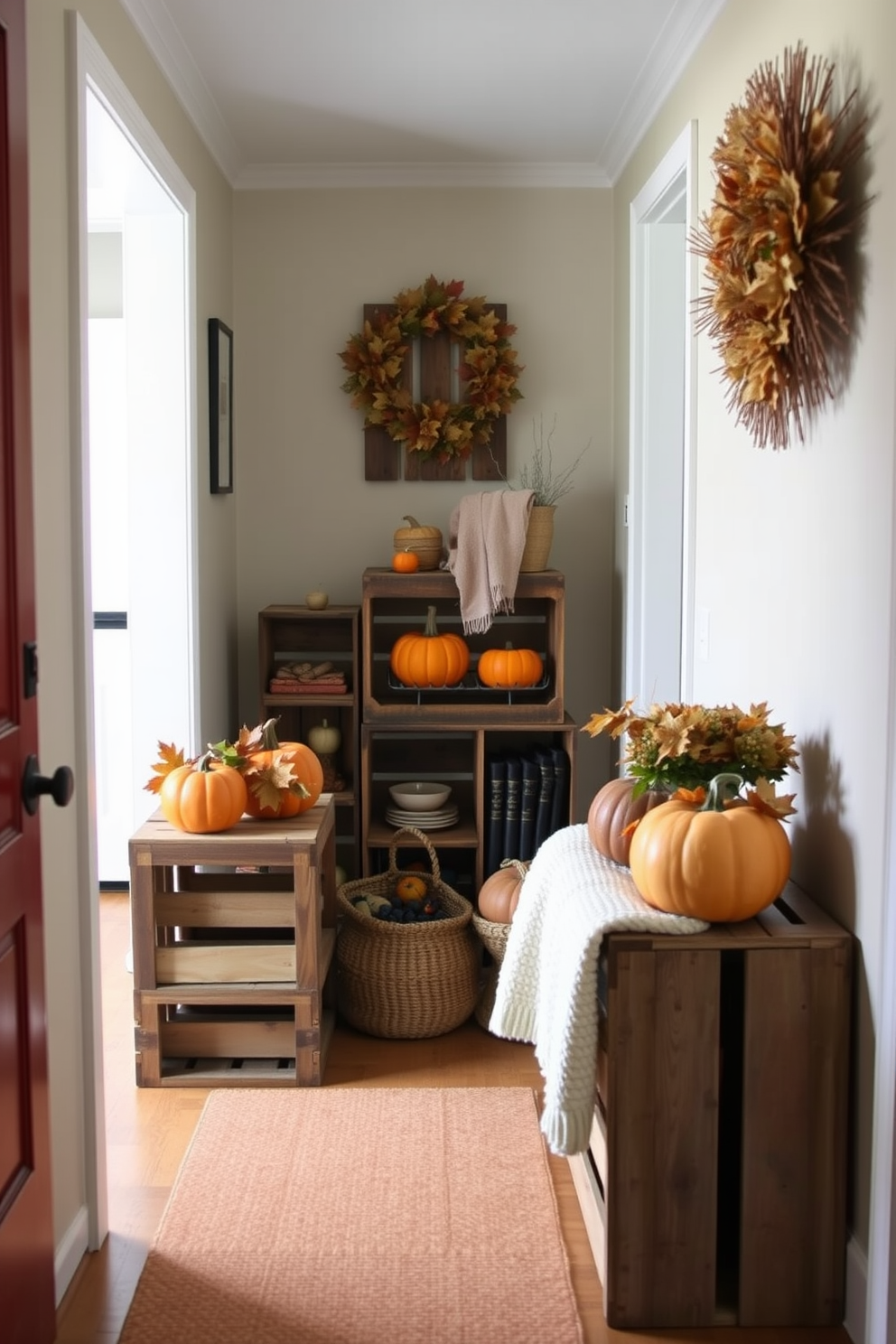 Create a warm and inviting hallway that features vintage wooden crates as decorative stands. Arrange the crates at varying heights, adorned with seasonal decor such as pumpkins, autumn leaves, and cozy blankets to enhance the Thanksgiving spirit.