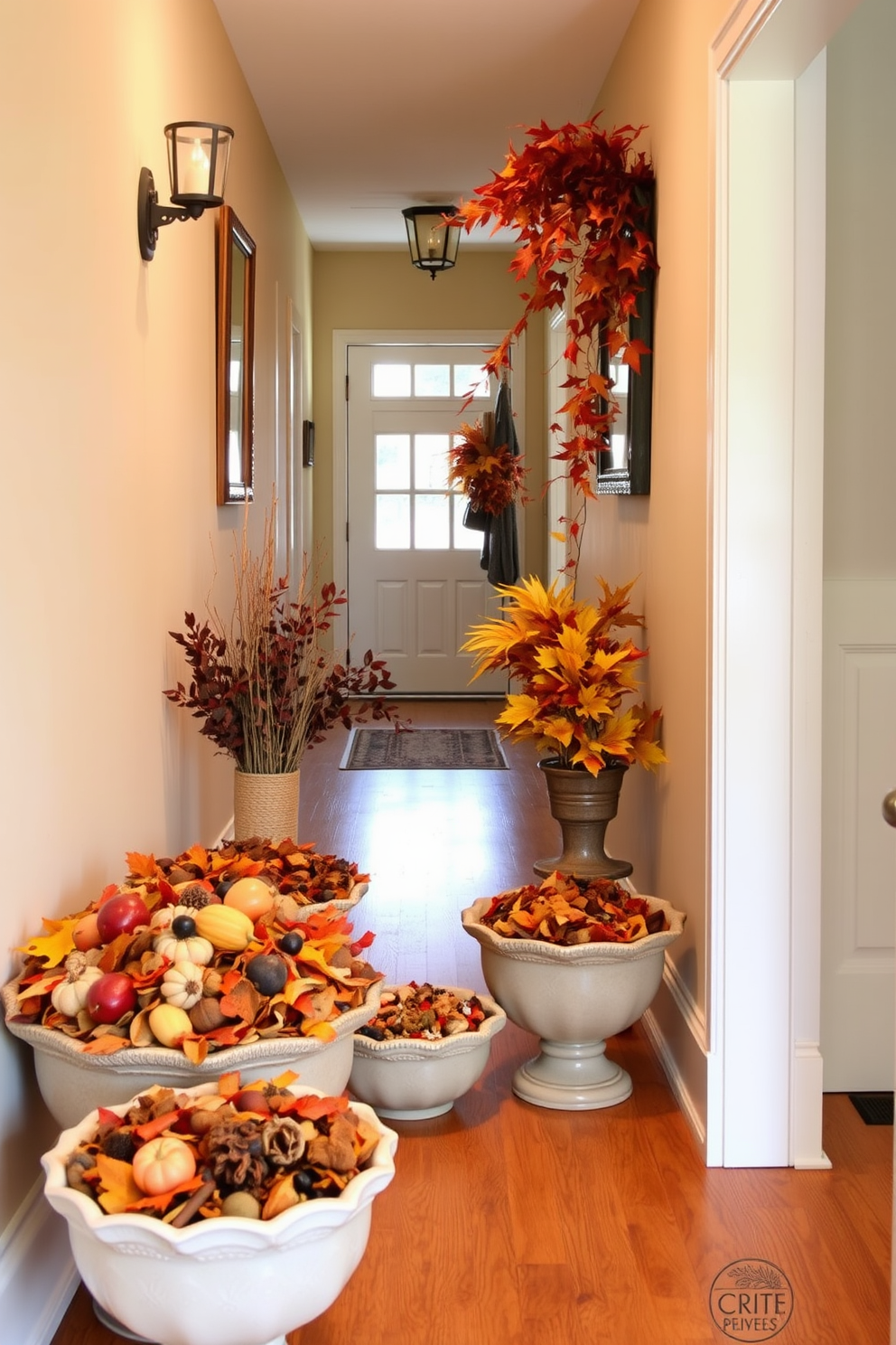 A warm and inviting hallway adorned with seasonal potpourri displayed in various decorative bowls. The bowls, filled with colorful leaves, dried fruits, and spices, create a cozy atmosphere perfect for Thanksgiving.