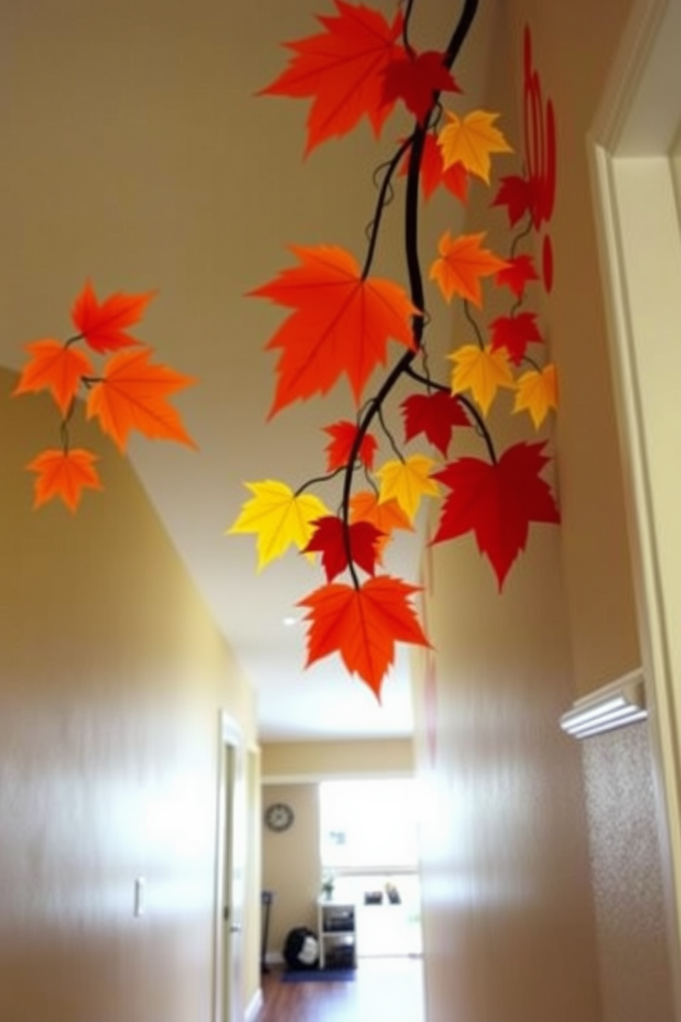 Gorgeous fall themed wall decals adorn the hallway, featuring vibrant leaves in shades of orange, yellow, and red. The decals create a warm and inviting atmosphere, perfect for celebrating Thanksgiving with family and friends.