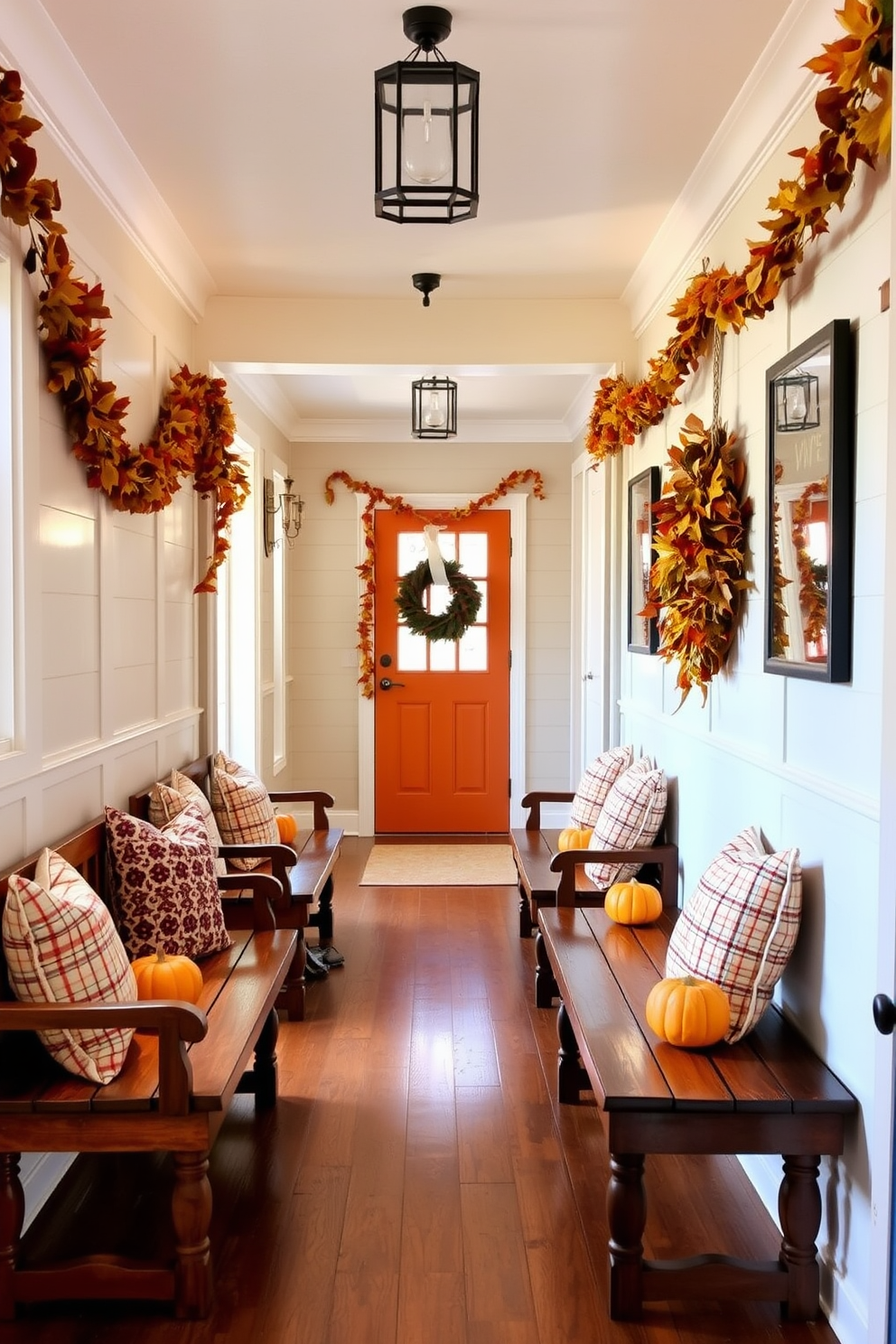 A warm and inviting hallway decorated for Thanksgiving features wooden benches adorned with cozy cushions in autumnal colors. The walls are lined with seasonal decorations, including garlands of leaves and small pumpkins placed on the benches for a festive touch.