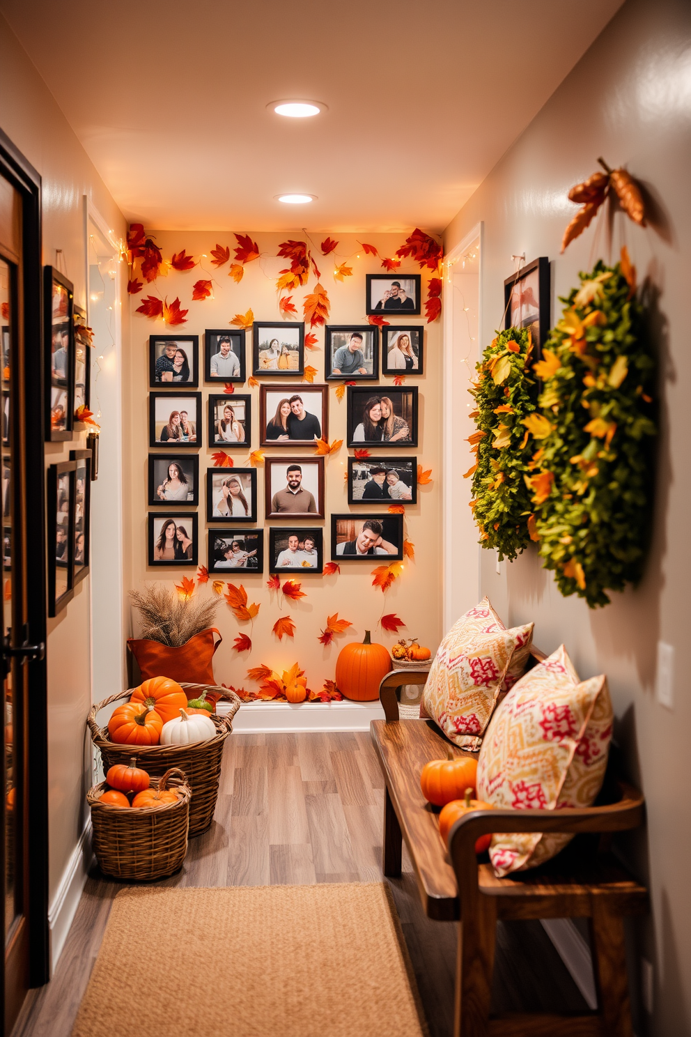 A festive hallway adorned with a Thanksgiving themed photo display. The walls showcase a collection of framed family photos surrounded by autumn leaves and pumpkins, creating a warm and inviting atmosphere. Soft golden lights illuminate the space, enhancing the cozy feel of the decorations. A rustic wooden bench sits against one wall, adorned with colorful throw pillows and a woven basket filled with seasonal gourds.