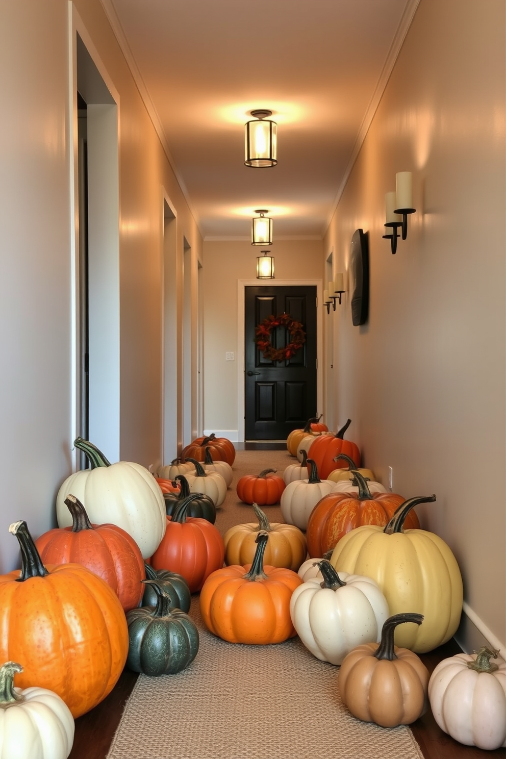 Decorative pumpkins in various sizes and colors line the hallway creating a warm and inviting atmosphere. The pumpkins are arranged on a natural burlap runner, complemented by soft, ambient lighting from wall sconces.