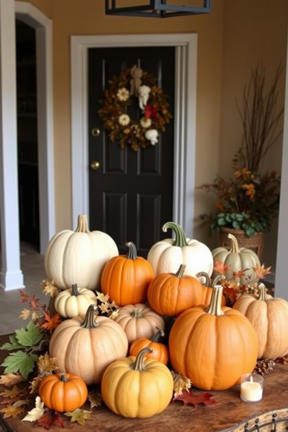 A warm and inviting entryway decorated for Thanksgiving features an array of pumpkins and gourds in varying sizes and colors. The display is artfully arranged on a rustic wooden table, complemented by autumn leaves and small candles to create a cozy atmosphere.