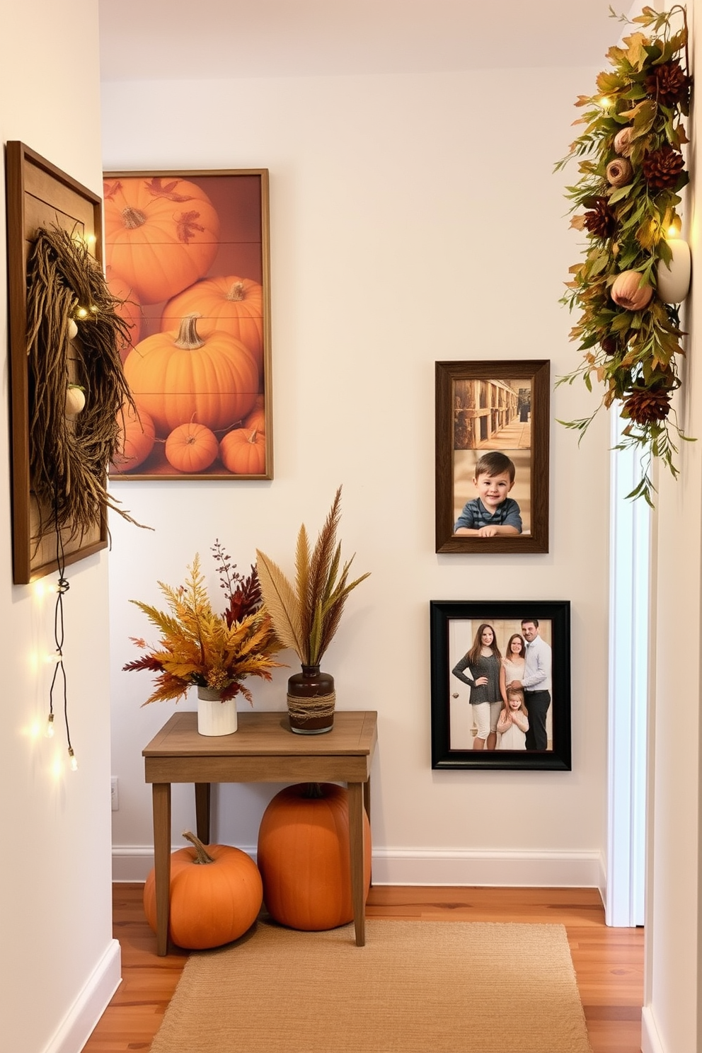 Thanksgiving themed wall art featuring warm autumn colors and rustic elements such as pumpkins and fall leaves. The prints should evoke a cozy atmosphere, perfect for celebrating the season. For Thanksgiving hallway decorating ideas, imagine a welcoming space adorned with garlands of dried foliage and twinkling fairy lights. Complement the decor with framed family photos in seasonal frames to create a personal touch.