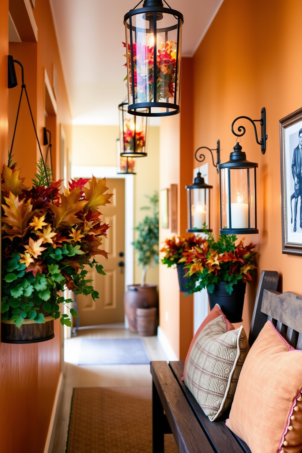 A warm and inviting hallway adorned with hanging lanterns filled with vibrant fall foliage. The walls are painted in a rich amber hue, and a rustic wooden bench sits against one side, complemented by cozy throw pillows in autumn colors.