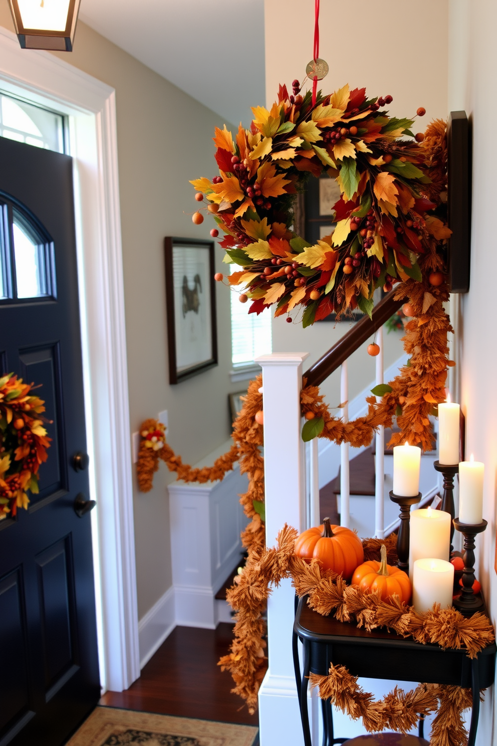 A beautiful seasonal wreath adorned with fall leaves and berries hangs on the front door, welcoming guests with a touch of autumn charm. The hallway is elegantly decorated with warm-toned garlands draped along the staircase railing, complemented by small pumpkins and candles placed on a console table.