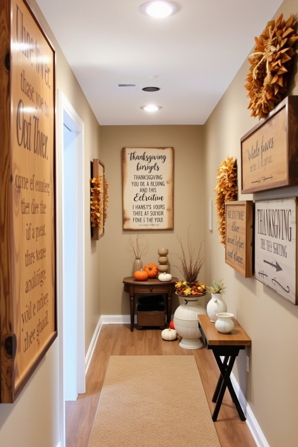 Rustic wooden signs adorned with heartfelt Thanksgiving quotes hang along the walls of a cozy hallway. The warm wood tones complement the autumnal decor, creating an inviting atmosphere filled with seasonal charm.