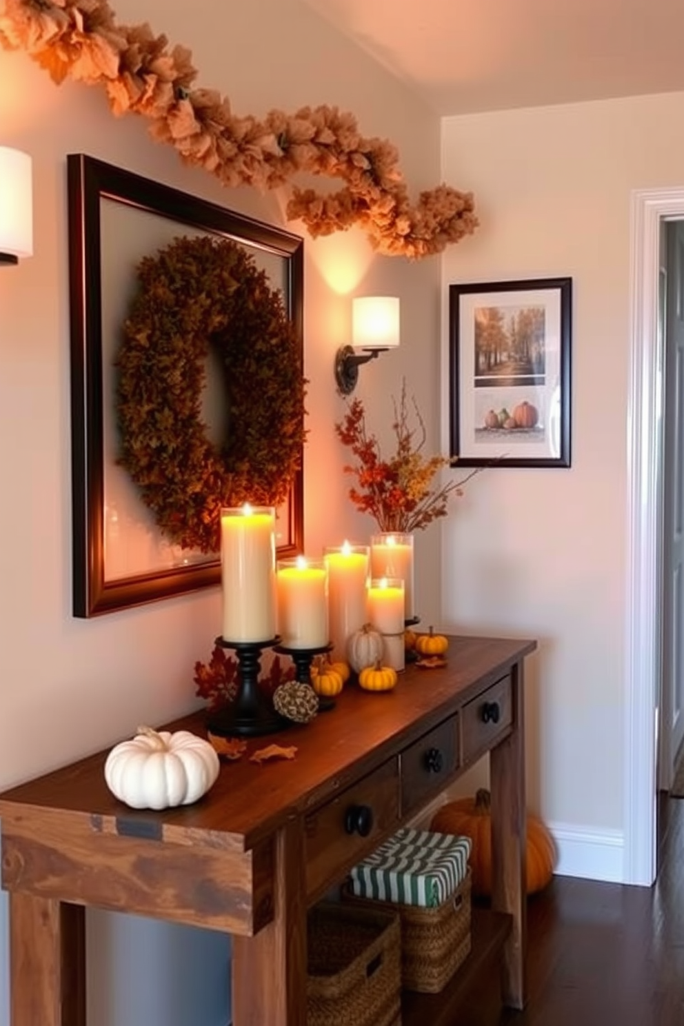 Candle arrangements featuring warm autumn scents are beautifully displayed along a rustic wooden console table in the hallway. The flickering candlelight casts a cozy glow, complemented by small decorative pumpkins and dried leaves scattered around the arrangement. The walls of the hallway are adorned with framed autumn-themed artwork, adding a seasonal touch to the decor. Soft, warm-toned garlands drape above the console table, enhancing the inviting atmosphere for Thanksgiving gatherings.