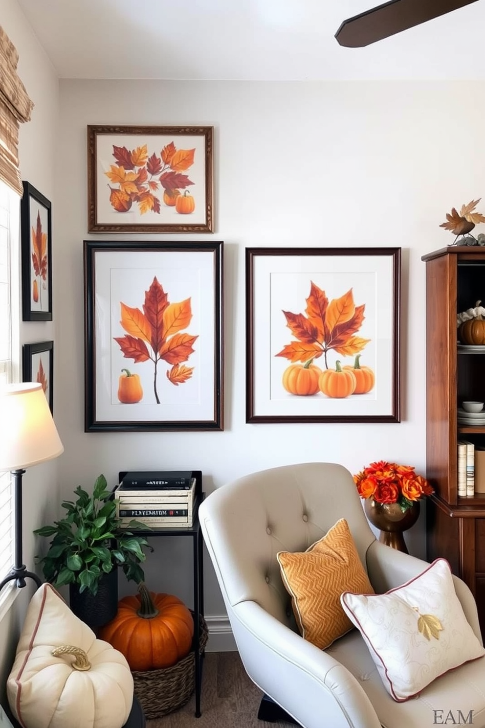 A cozy home office adorned with Thanksgiving themed wall art. The walls feature framed prints of autumn leaves and pumpkins, creating a warm and inviting atmosphere.