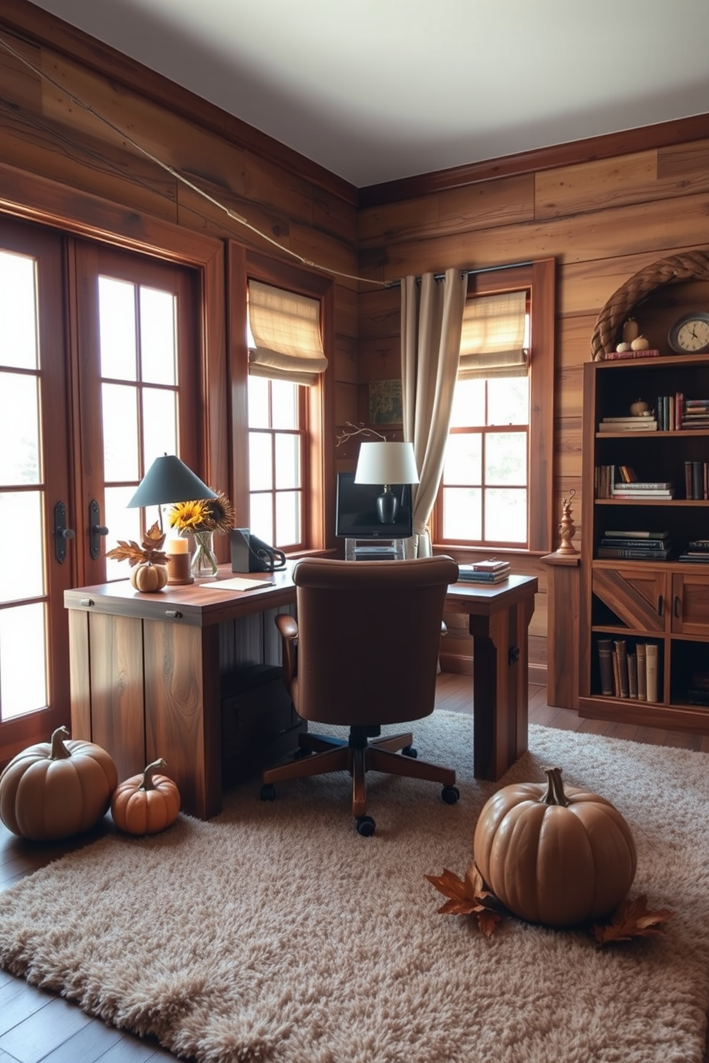 A cozy home office featuring rustic wooden accents that create a warm and inviting atmosphere. The desk is made of reclaimed wood, paired with a comfortable leather chair, and surrounded by shelves filled with books and decorative items. Natural light floods the space through large windows adorned with simple linen curtains. A plush area rug in earthy tones anchors the room, while seasonal decorations like pumpkins and autumn leaves add a festive touch.