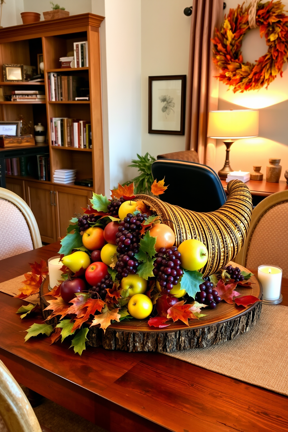 A festive tabletop cornucopia brimming with a variety of colorful fruits including apples, pears, and grapes. The arrangement is set on a rustic wooden table adorned with autumn leaves and candles, creating a warm and inviting atmosphere for Thanksgiving. The home office features a cozy workspace with a wooden desk and a comfortable chair. A stylish bookshelf filled with books and decorative items complements the decor, while a seasonal wreath hangs on the wall to enhance the festive spirit.