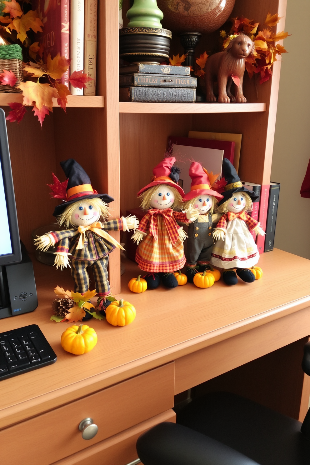 Miniature scarecrows are placed on the desk and shelves, adding a whimsical charm to the home office. The scarecrows are dressed in colorful fabrics, surrounded by autumn leaves and small pumpkins to enhance the Thanksgiving theme.