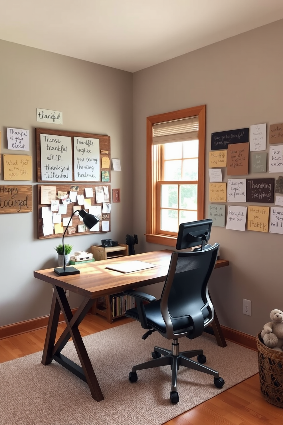 A cozy home office decorated with thankful message boards that inspire positivity. The walls are adorned with colorful boards filled with handwritten notes of gratitude, creating a warm and inviting atmosphere. A stylish desk made of reclaimed wood sits in the center, complemented by a comfortable ergonomic chair. Natural light floods the space through a large window, enhancing the cheerful ambiance with soft, earthy tones.