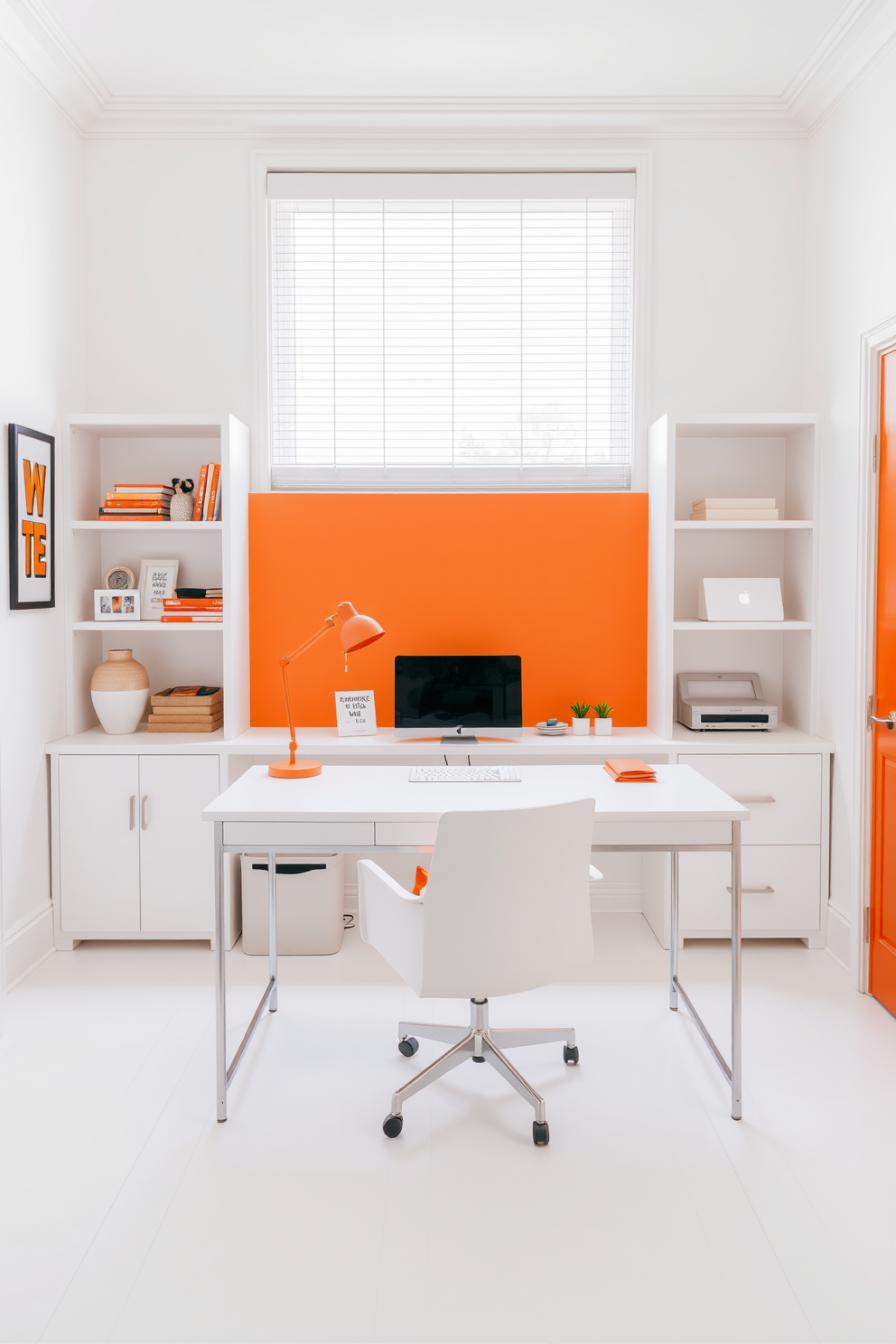 A bright and airy home office featuring a crisp white and orange color scheme. The walls are painted in a fresh white, complemented by an orange accent wall behind the desk. A sleek white desk sits in the center of the room, adorned with an orange desk lamp and a few decorative items. A comfortable white chair with orange cushions invites creativity and productivity.