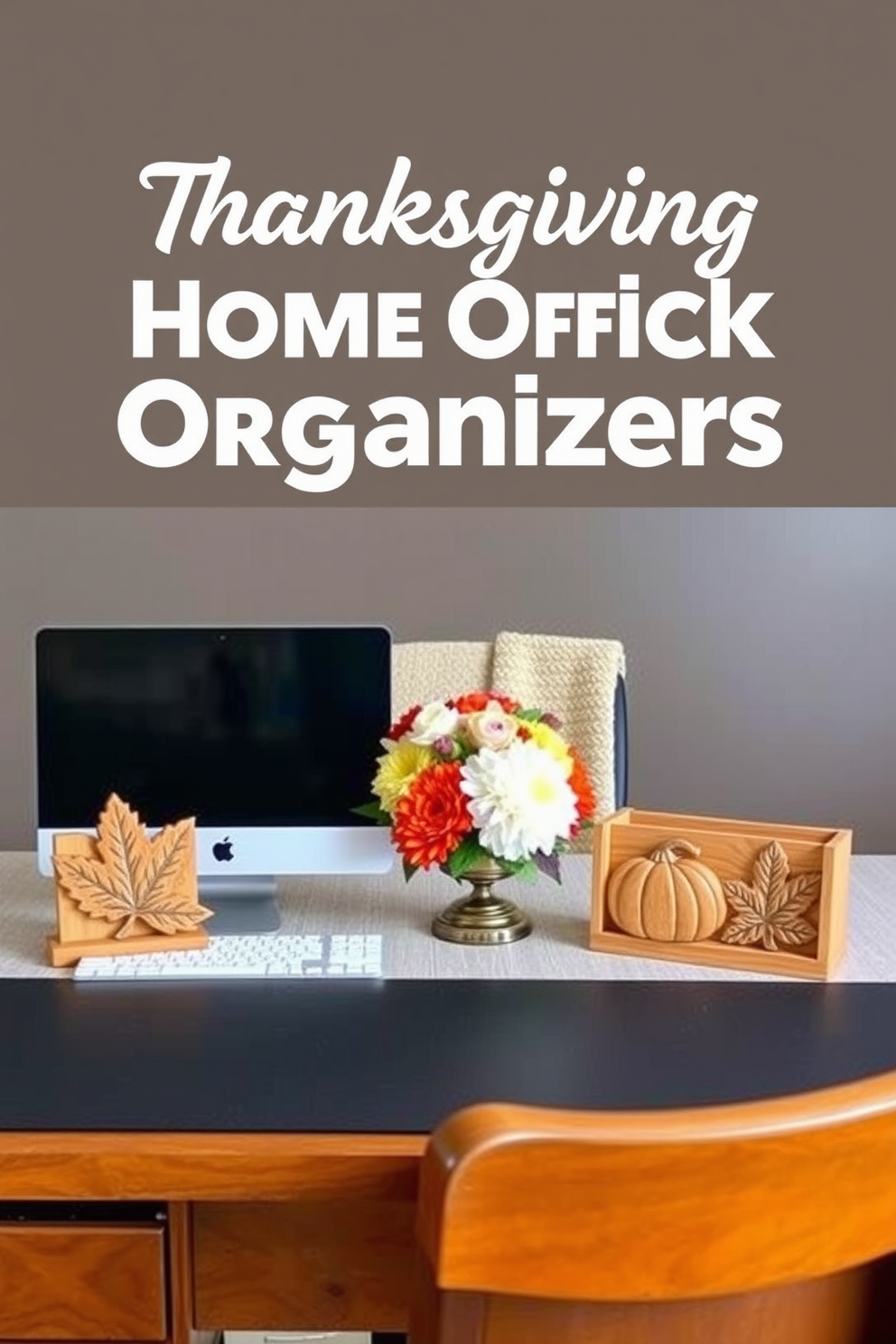 Thanksgiving themed desk organizers. The organizers are made of natural wood and feature intricate carvings of autumn leaves and pumpkins. Thanksgiving Home Office Decorating Ideas. The workspace is adorned with warm-toned decor, including a cozy throw blanket and a centerpiece of seasonal flowers.