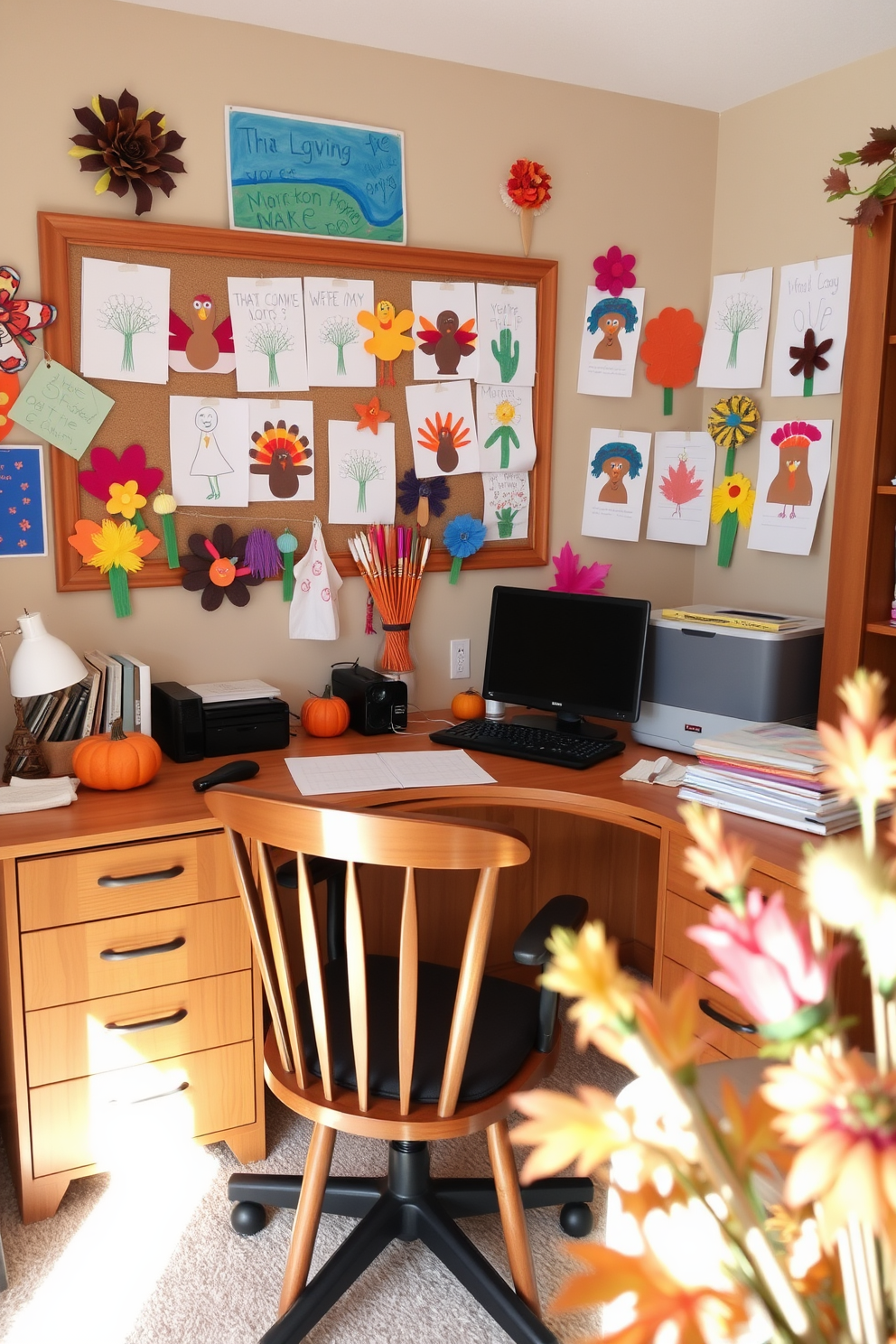 A cozy home office adorned with handmade crafts created by children. Colorful drawings and crafts are displayed on a bulletin board, adding a personal touch to the workspace. The desk features a warm wooden finish, complemented by a comfortable chair. Soft lighting creates an inviting atmosphere, perfect for productivity during the Thanksgiving season.