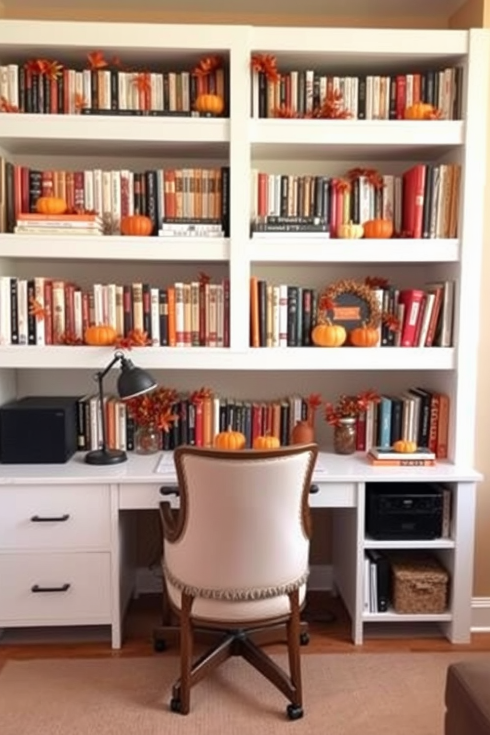 A cozy home office setting adorned with seasonal book displays on shelves. The shelves are filled with an array of books, interspersed with autumn-themed decorations like small pumpkins and colorful leaves. A warm color palette of oranges and browns creates an inviting atmosphere. A comfortable desk with a stylish chair sits in front of the shelves, enhancing the festive feel of the space.