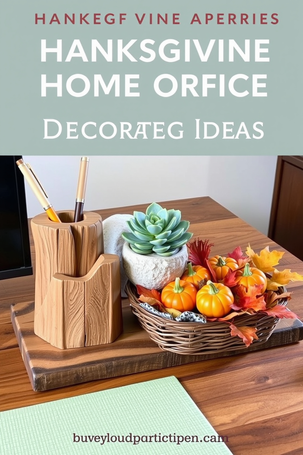 A collection of nature inspired desk accessories featuring a wooden pen holder shaped like a tree trunk, a stone paperweight resembling a smooth river rock, and a succulent plant in a ceramic pot. The desk is made of reclaimed wood and is complemented by a soft green desk mat that adds a touch of tranquility. Thanksgiving home office decorating ideas include a warm color palette with orange, gold, and deep red accents throughout the space. A festive centerpiece on the desk features small pumpkins and autumn leaves arranged in a rustic basket, creating an inviting atmosphere for the season.