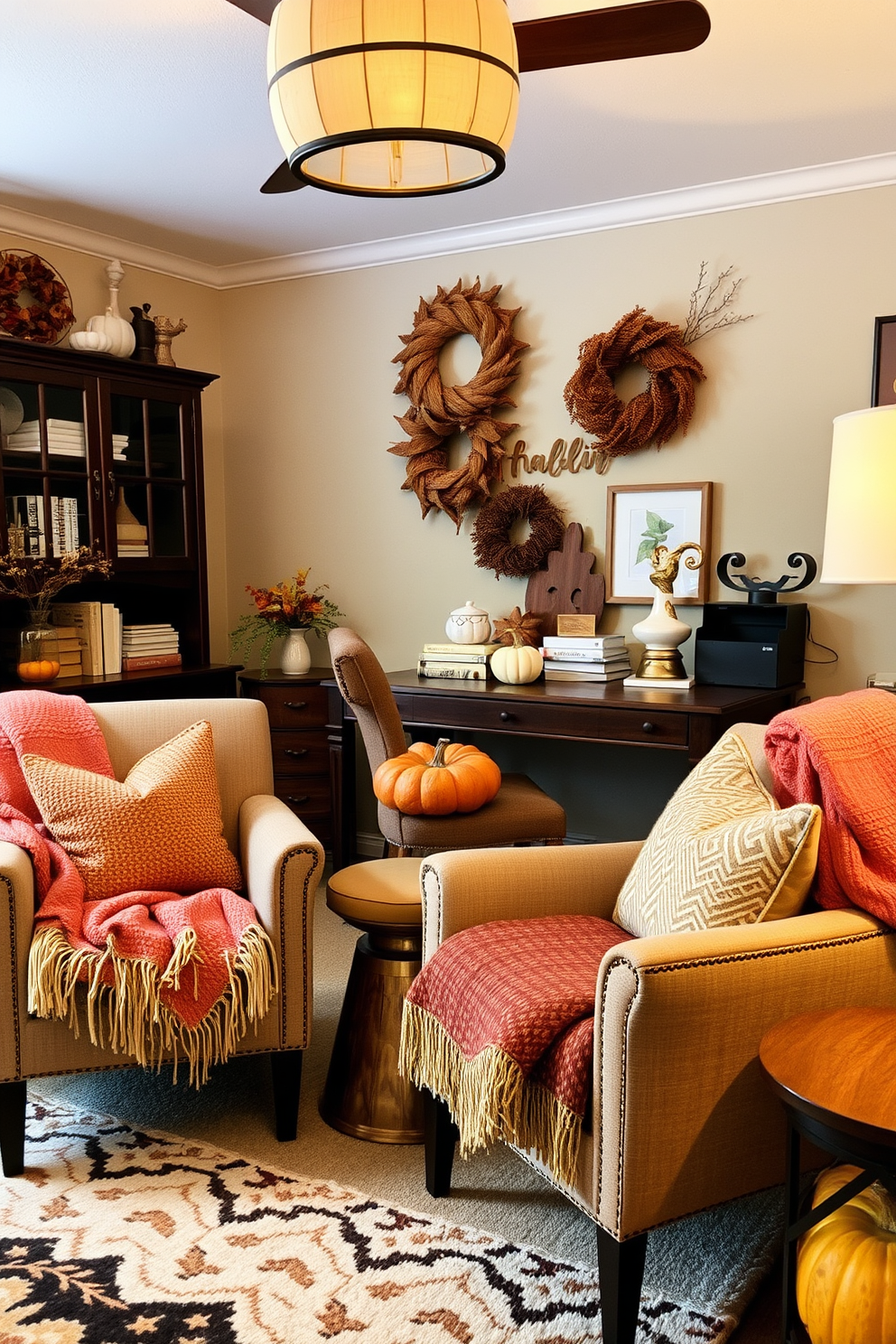 Cozy blankets are casually draped over stylish armchairs in a warm and inviting home office. The space is adorned with autumn-themed decorations, featuring pumpkins and earthy tones that evoke the spirit of Thanksgiving.