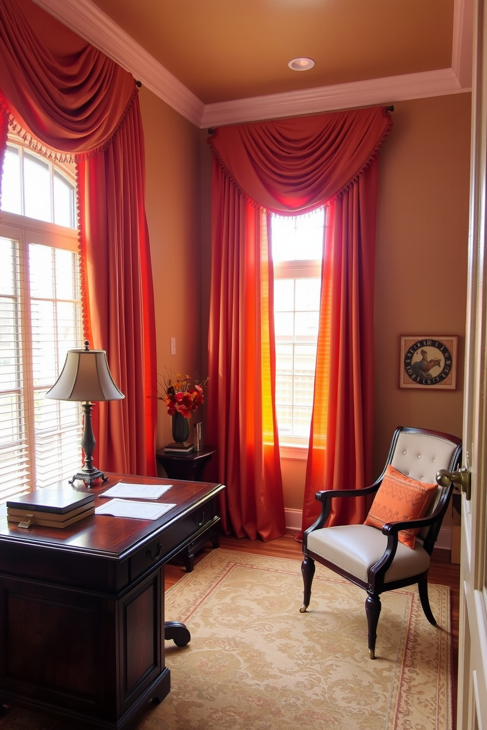 A cozy home office adorned with autumn colored curtains that drape elegantly from the ceiling to the floor. The warm hues of orange, gold, and rust create a welcoming atmosphere, complementing the rich wooden desk and comfortable chair.