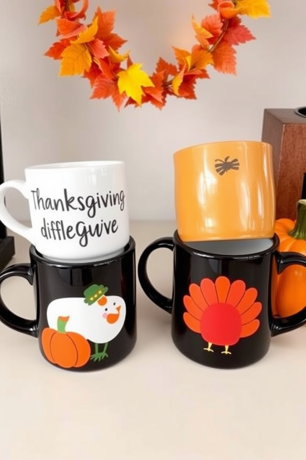 Thanksgiving themed mugs for beverages. Each mug features autumnal colors and playful designs like pumpkins and turkeys. Thanksgiving Home Office Decorating Ideas. Incorporate warm tones and seasonal decor such as garlands of leaves and small pumpkins on your desk.