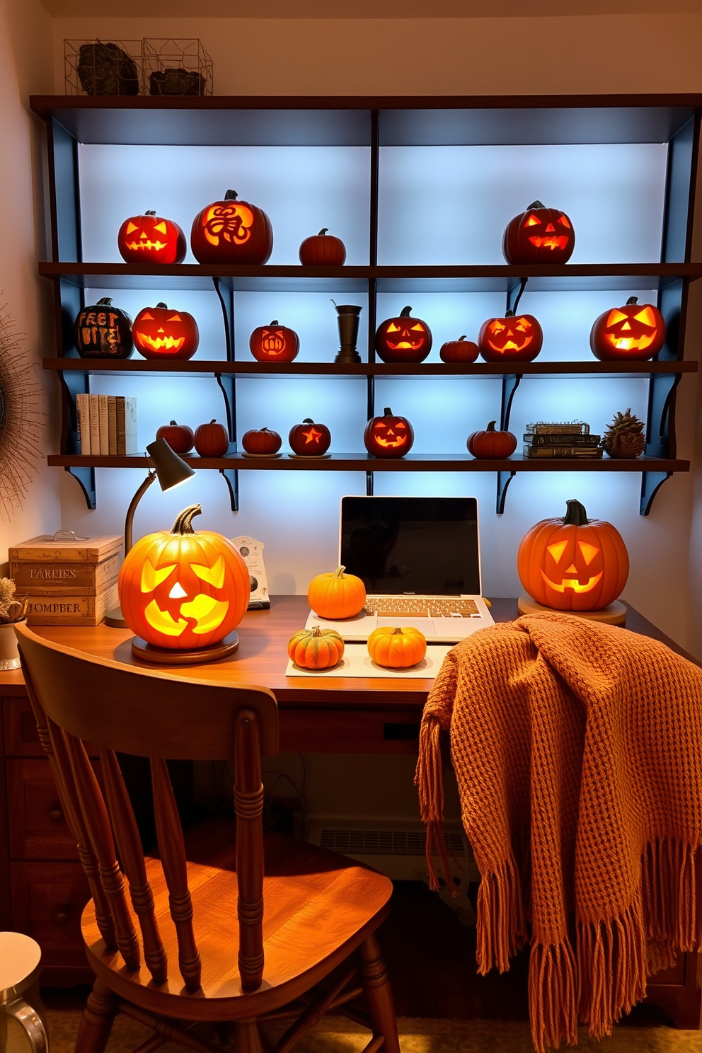 Artistic pumpkin carvings are displayed on the shelves of a cozy home office, bringing a festive touch to the workspace. Soft, warm lighting highlights the intricate designs, creating an inviting atmosphere for creativity and productivity. The desk is adorned with a few small pumpkins in varying sizes, complementing the autumn-themed decor. A rustic wooden chair and a warm, textured throw blanket add comfort and style to the space, making it perfect for the Thanksgiving season.