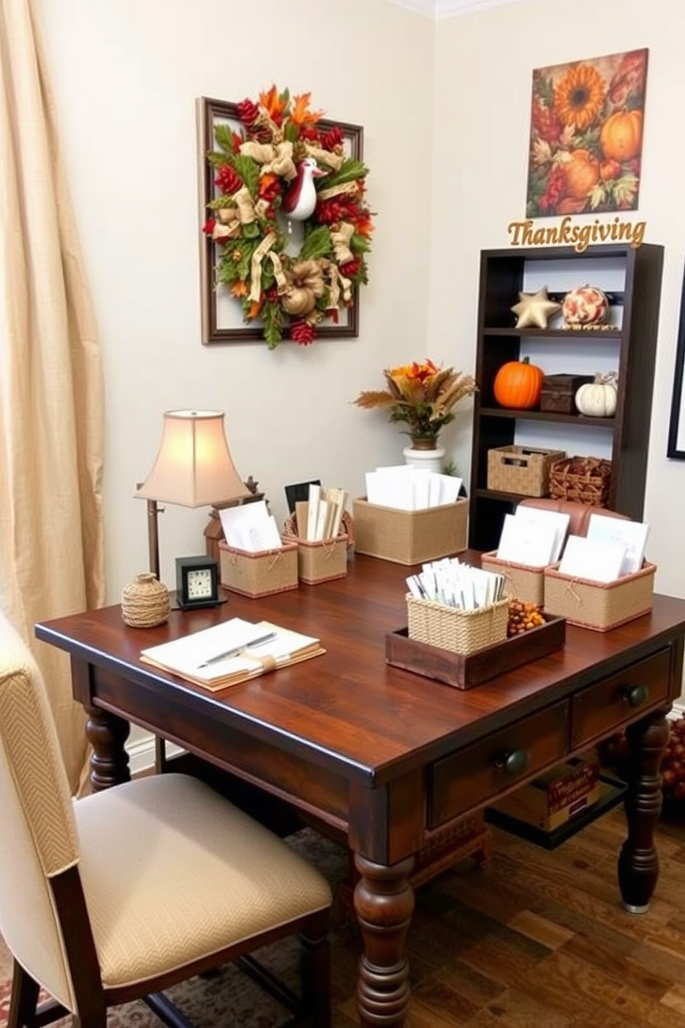 A cozy home office decorated for Thanksgiving, featuring a rustic wooden desk adorned with twine-wrapped stationery and burlap organizers. The walls are decorated with autumn-themed artwork, and a warm, inviting color palette of oranges and browns creates a festive atmosphere.