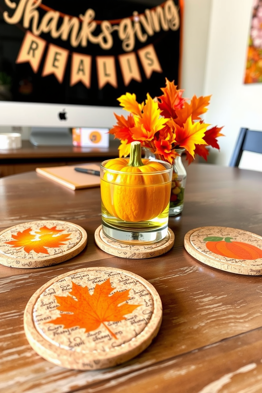 Thanksgiving themed coasters for drinks featuring autumn leaves and pumpkin designs. The coasters are made of cork with a glossy finish, arranged on a rustic wooden table. Thanksgiving Home Office Decorating Ideas that incorporate warm colors and seasonal accents. A cozy workspace with a small pumpkin centerpiece, fall foliage in a vase, and a festive banner hanging on the wall.