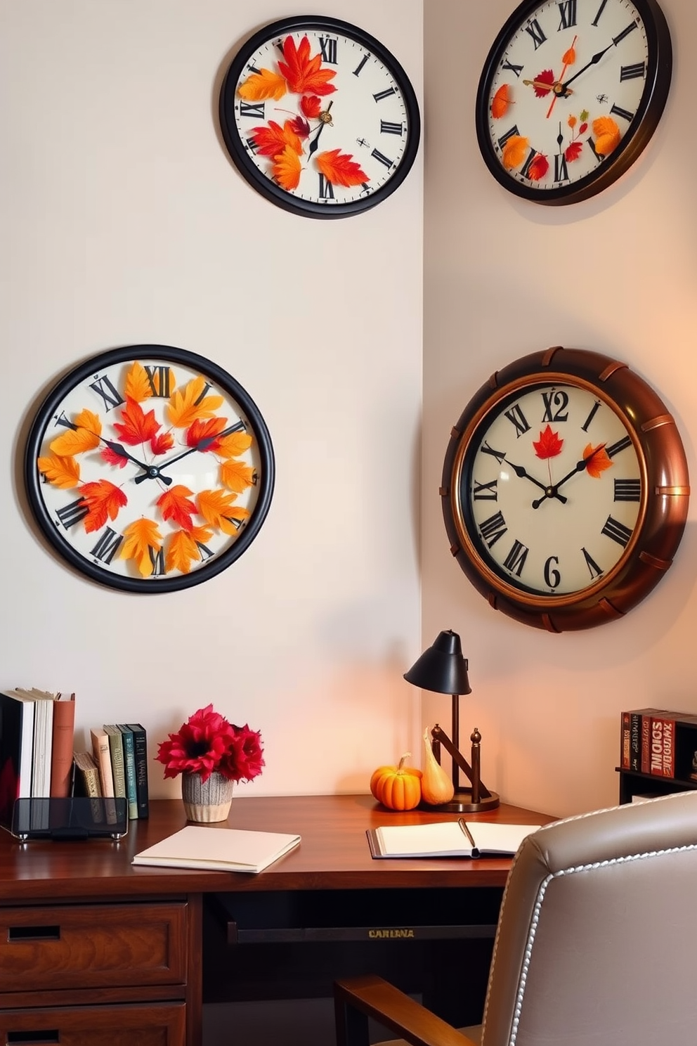 A cozy home office featuring decorative wall clocks with autumn designs. The clocks showcase vibrant leaves and warm colors, creating a festive atmosphere perfect for Thanksgiving.