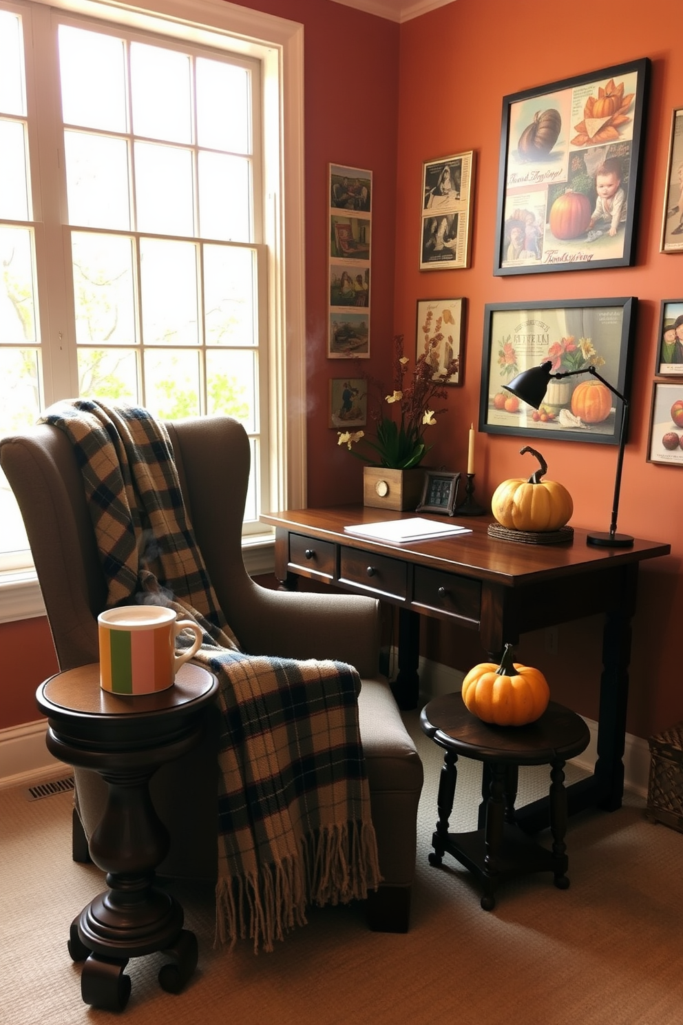 A cozy home office adorned with vintage Thanksgiving postcards as art. The walls are painted in warm autumn hues, and a rustic wooden desk is placed in front of a large window, allowing natural light to illuminate the space. A comfortable armchair sits in the corner, draped with a soft plaid throw. A small side table holds a steaming mug of cider, while a decorative pumpkin adds a seasonal touch to the desk.