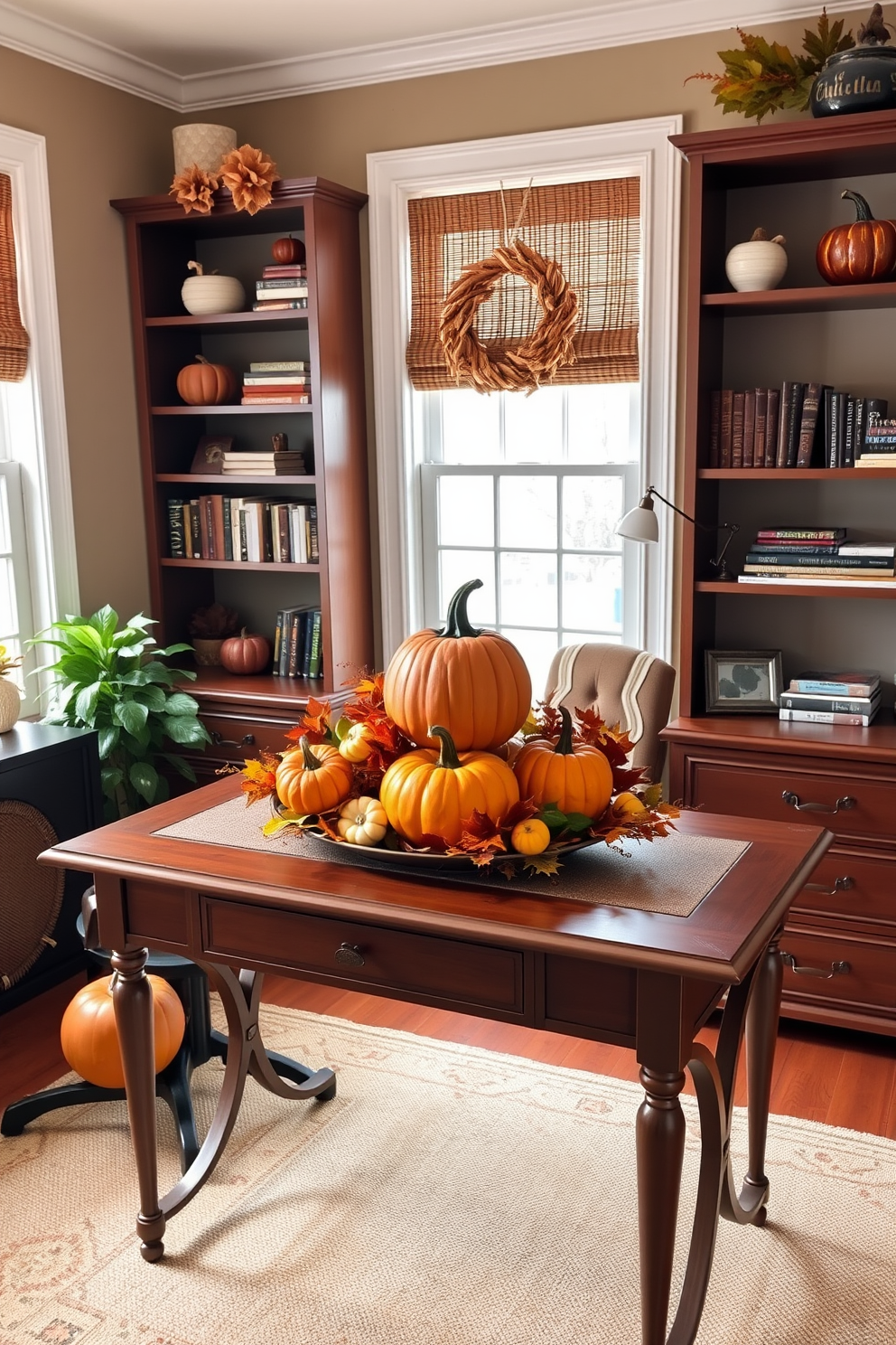 A warm and inviting home office setting featuring a stylish desk adorned with a vibrant pumpkin centerpiece. The pumpkins are arranged with autumn leaves and small gourds, creating a cozy atmosphere perfect for Thanksgiving. The desk is positioned near a window, allowing natural light to illuminate the decorative display. Surrounding the desk are shelves filled with books and seasonal decor, enhancing the festive theme of the space.