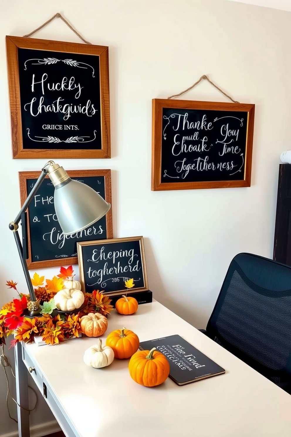 Chalkboard signs adorned with festive messages create a warm and inviting atmosphere in a cozy home office. The signs are framed with rustic wooden borders and placed strategically on the walls to enhance the seasonal decor. A stylish desk features autumn-themed decorations, including small pumpkins and a colorful garland. Soft lighting from a desk lamp casts a gentle glow, illuminating the cheerful chalkboard messages that celebrate gratitude and togetherness.