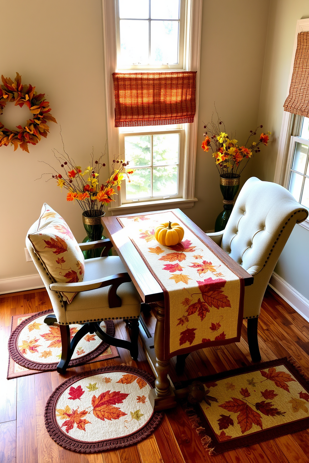 A cozy home office setting featuring harvest inspired table runners and mats. The desk is adorned with a vibrant table runner showcasing autumn leaves, while matching mats add warmth and texture to the space. Natural light pours in through a window, illuminating a comfortable chair paired with a rustic wooden desk. Decorative elements like small pumpkins and seasonal flowers enhance the Thanksgiving theme, creating an inviting atmosphere.