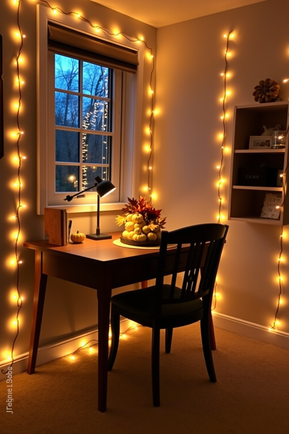 A cozy home office setting adorned with warm lighting created by string fairy lights draped along the walls and around the window. A wooden desk sits against the wall, complemented by a comfortable chair and a seasonal centerpiece featuring autumn leaves and small pumpkins.