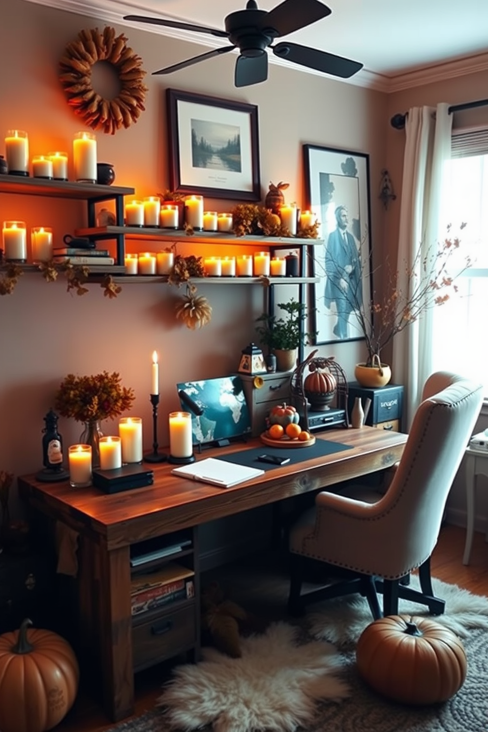 A cozy home office adorned with seasonal scented candles creating a warm ambiance. The desk is made of reclaimed wood, complemented by a plush armchair, and autumn-themed decorations are scattered throughout the space.