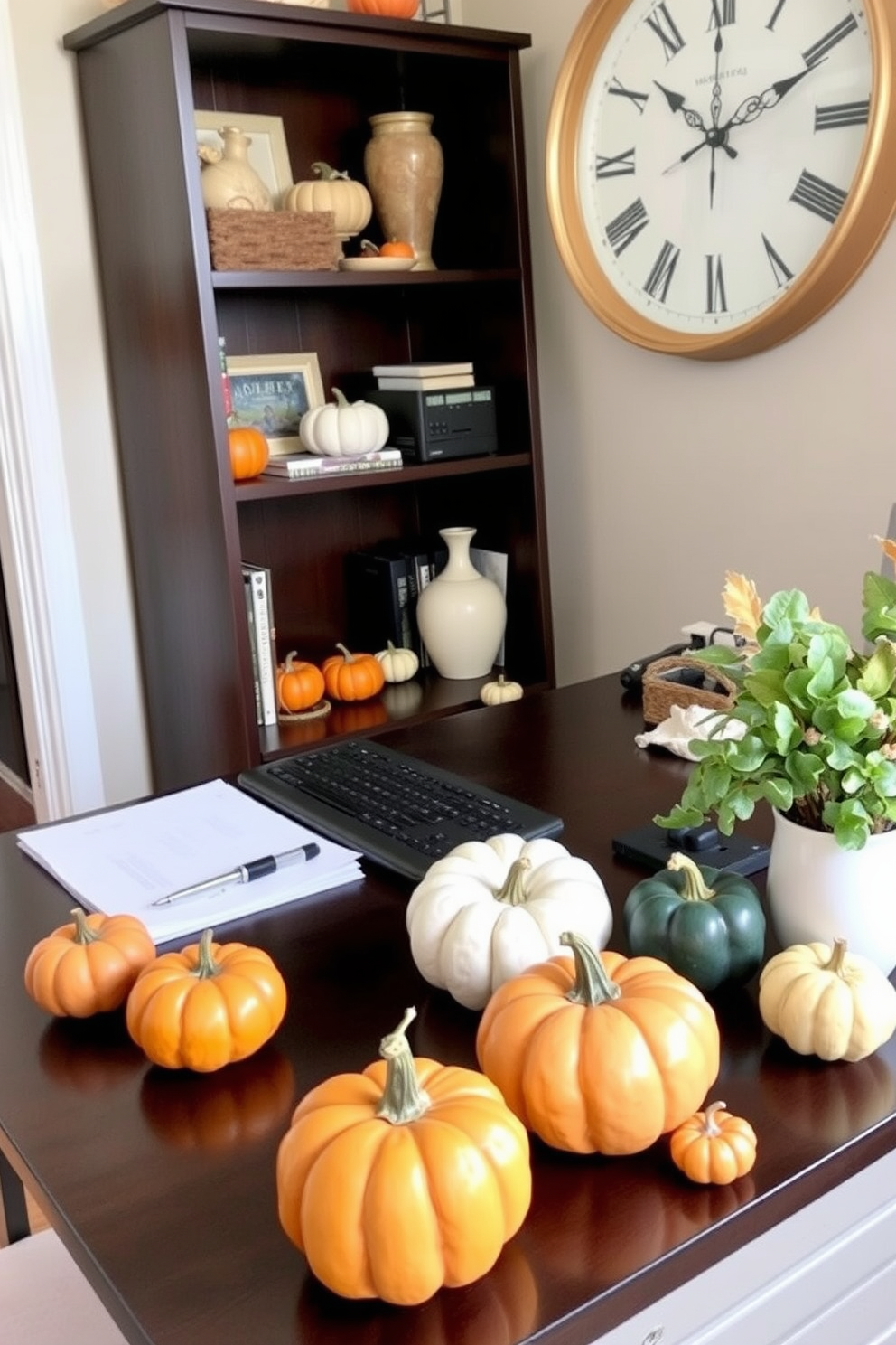 A cozy home office adorned for Thanksgiving. Decorative gourds in various sizes and colors are scattered across the desk and shelves, adding a festive touch.