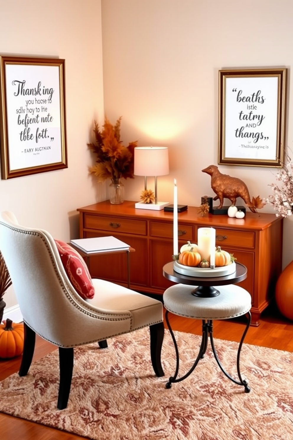 Thanksgiving quote prints in elegant frames adorn the walls of a cozy home office. The space features a warm wooden desk with a comfortable chair, surrounded by soft autumnal decor and a plush area rug. Thanksgiving home office decorating ideas include a stylish arrangement of seasonal decorations on the desk. A small table with a decorative centerpiece of pumpkins and candles adds a festive touch to the inviting atmosphere.