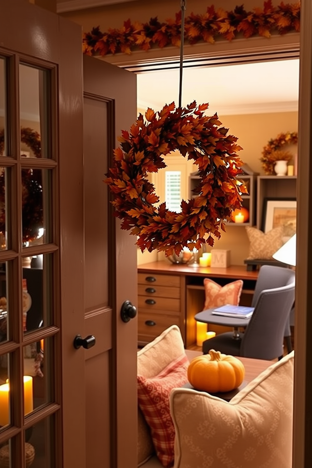 A warm and inviting home office decorated for Thanksgiving features a beautiful fall foliage wreath hanging on the door. Inside, the space is adorned with autumn-themed decor, including cozy throw pillows and a rustic wooden desk surrounded by warm lighting.