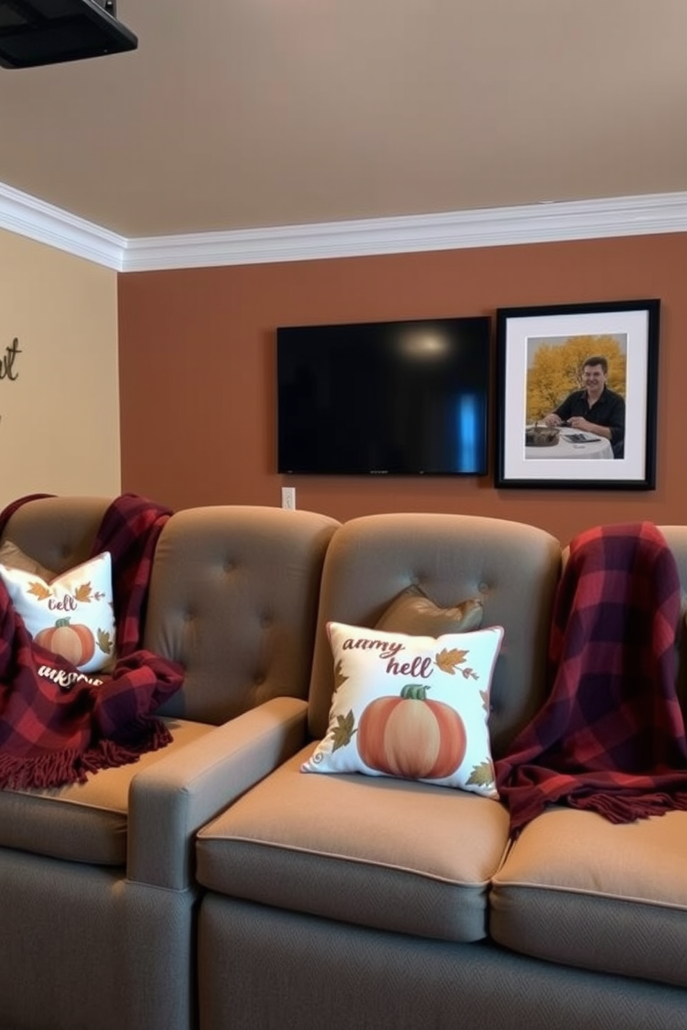 A cozy home theater setting adorned with autumn-themed throw blankets and pillows. The walls are painted in warm earth tones, and soft lighting creates an inviting atmosphere for family gatherings.