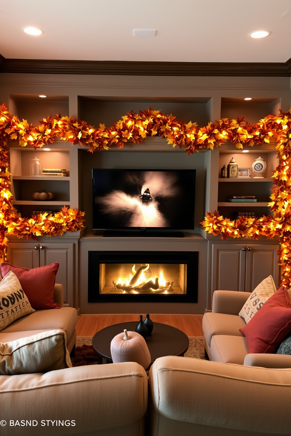 A cozy home theater adorned with fall foliage garlands draped across the shelves. The warm colors of the leaves complement the plush seating and ambient lighting, creating an inviting atmosphere for Thanksgiving gatherings.