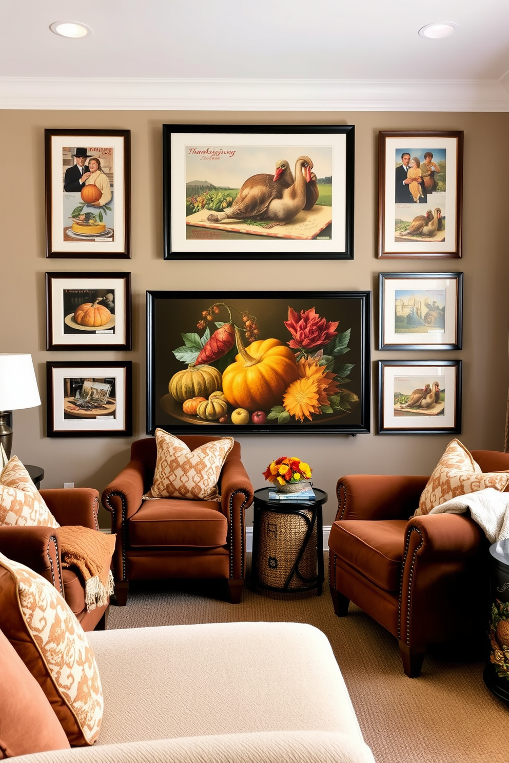 A cozy home theater adorned with vintage Thanksgiving postcards framed elegantly on the walls. The seating area features plush armchairs in warm autumn tones, complemented by soft throw blankets and decorative pillows.